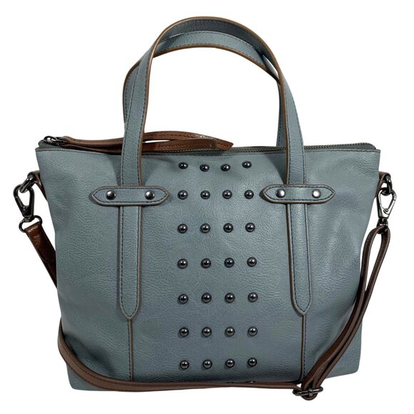 FOSSIL Dusty Blue & Brown Vegan Leather Studded Shoulder Crossbody Bag Tote - Picture 1 of 13